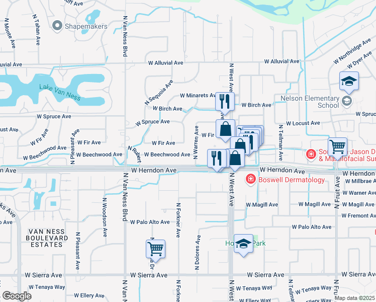 map of restaurants, bars, coffee shops, grocery stores, and more near 2170 West Beechwood Avenue in Fresno