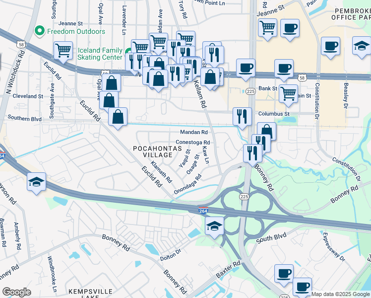 map of restaurants, bars, coffee shops, grocery stores, and more near 117 Yaqui Street in Virginia Beach