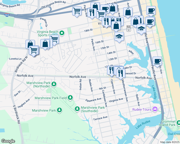 map of restaurants, bars, coffee shops, grocery stores, and more near 848 12th Street in Virginia Beach