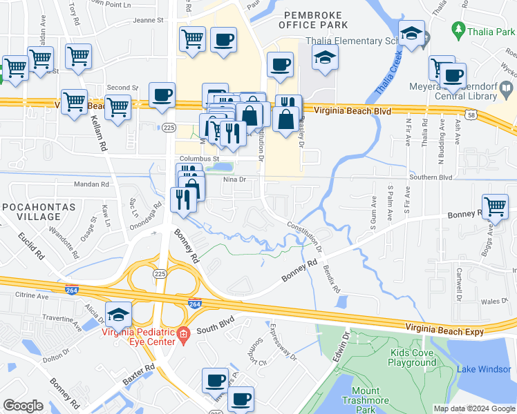 map of restaurants, bars, coffee shops, grocery stores, and more near 4590 Genoa Circle in Virginia Beach