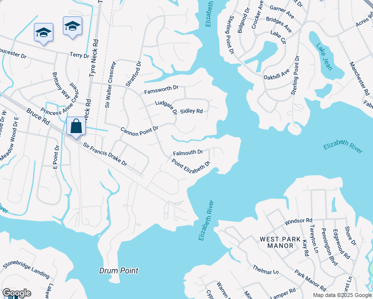map of restaurants, bars, coffee shops, grocery stores, and more near 3016 Falmouth Drive in Chesapeake