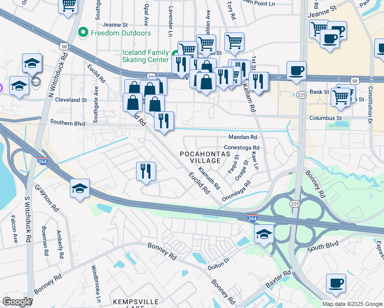 map of restaurants, bars, coffee shops, grocery stores, and more near 4924 Klamath Road in Virginia Beach