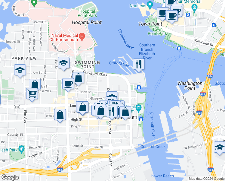 map of restaurants, bars, coffee shops, grocery stores, and more near 316 North Street in Portsmouth