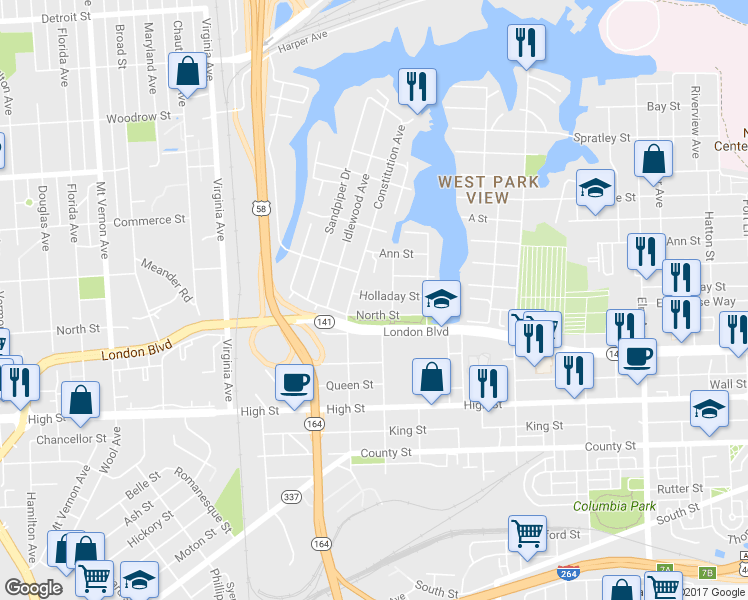 map of restaurants, bars, coffee shops, grocery stores, and more near 2017 Holladay Street in Portsmouth