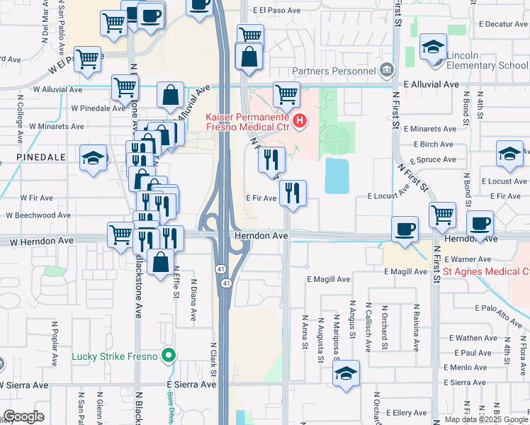 map of restaurants, bars, coffee shops, grocery stores, and more near 327 East Fir Avenue in Fresno