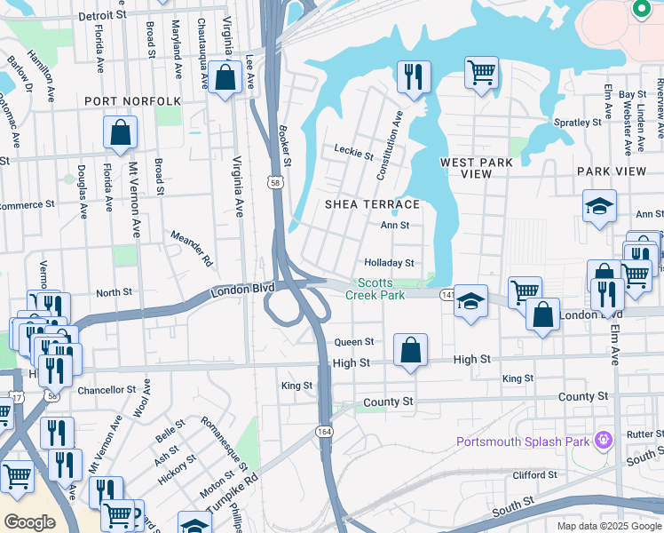 map of restaurants, bars, coffee shops, grocery stores, and more near 318 Idlewood Avenue in Portsmouth