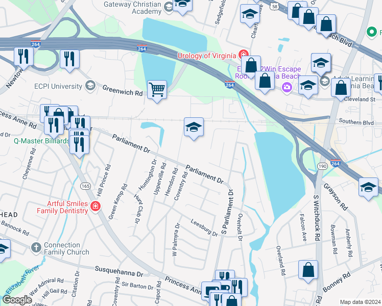 map of restaurants, bars, coffee shops, grocery stores, and more near 5400 Parliament Drive in Virginia Beach