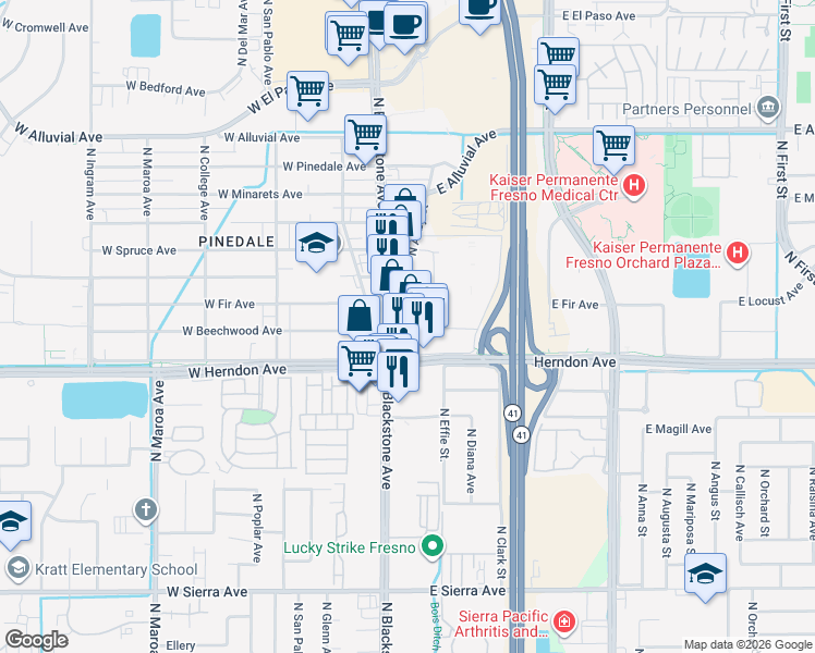 map of restaurants, bars, coffee shops, grocery stores, and more near 36 East Herndon Avenue in Fresno