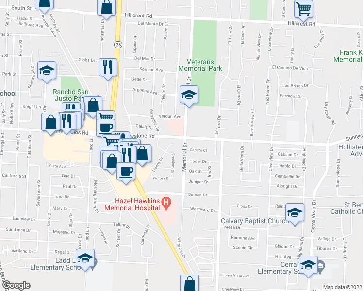 map of restaurants, bars, coffee shops, grocery stores, and more near 1510 Memorial Drive in Hollister