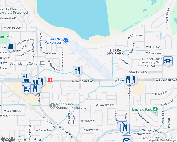 map of restaurants, bars, coffee shops, grocery stores, and more near 7081 North Doolittle Drive in Fresno