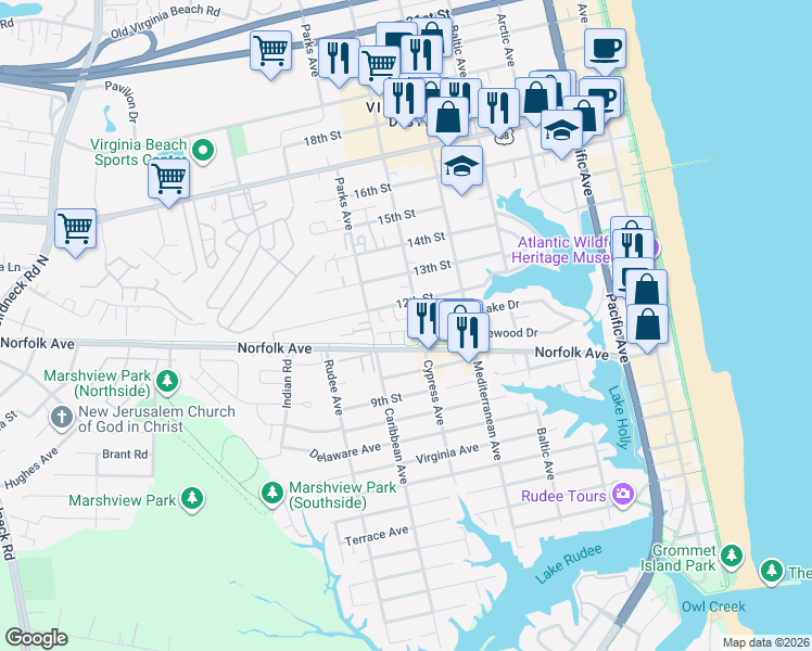 map of restaurants, bars, coffee shops, grocery stores, and more near 721 Sea Oaks Court in Virginia Beach