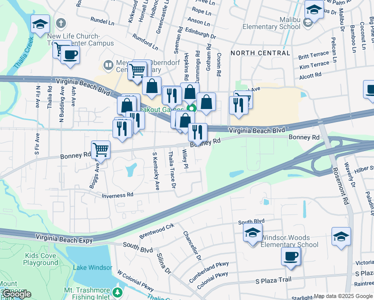 map of restaurants, bars, coffee shops, grocery stores, and more near 111 Trace Court in Virginia Beach