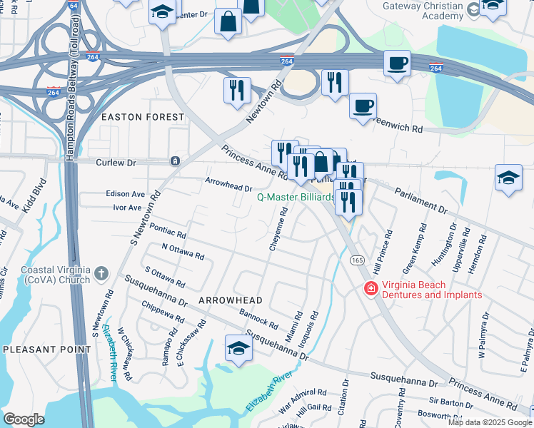 map of restaurants, bars, coffee shops, grocery stores, and more near 103 South Comanche Cluster in Virginia Beach