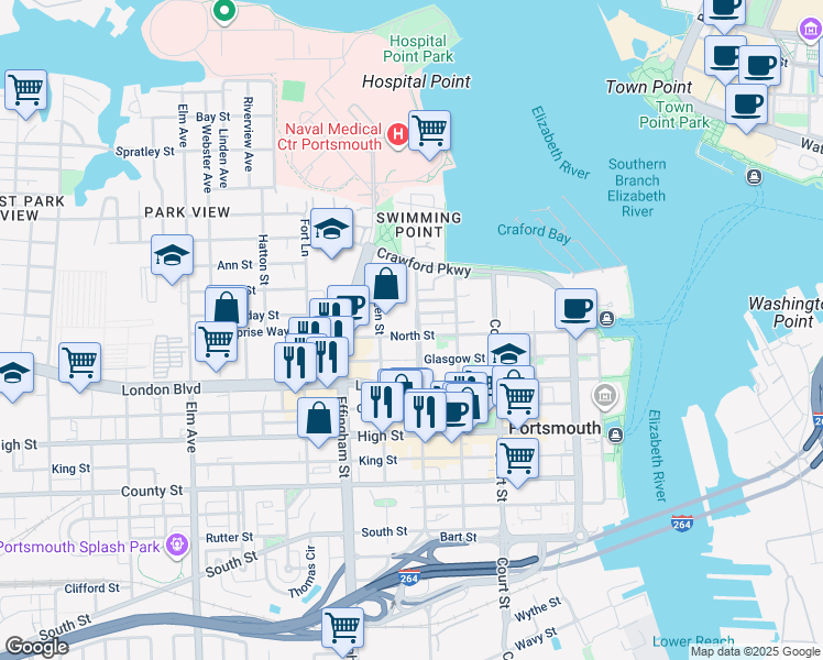 map of restaurants, bars, coffee shops, grocery stores, and more near 640 North Street in Portsmouth