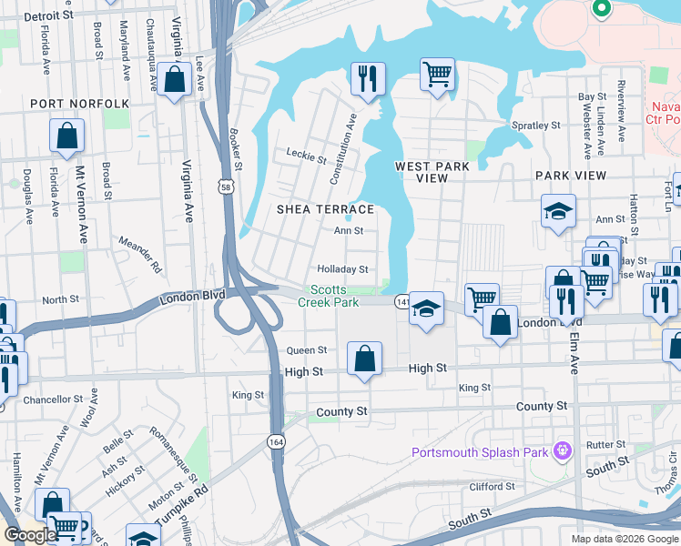 map of restaurants, bars, coffee shops, grocery stores, and more near 2017 Holladay Street in Portsmouth