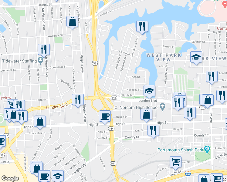 map of restaurants, bars, coffee shops, grocery stores, and more near 318 Idlewood Avenue in Portsmouth