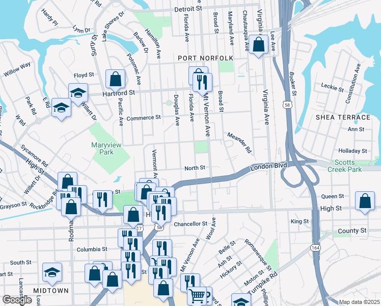 map of restaurants, bars, coffee shops, grocery stores, and more near 916 Florida Avenue in Portsmouth