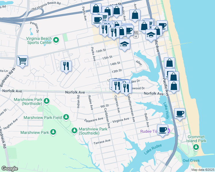 map of restaurants, bars, coffee shops, grocery stores, and more near 721 Sea Oaks Court in Virginia Beach