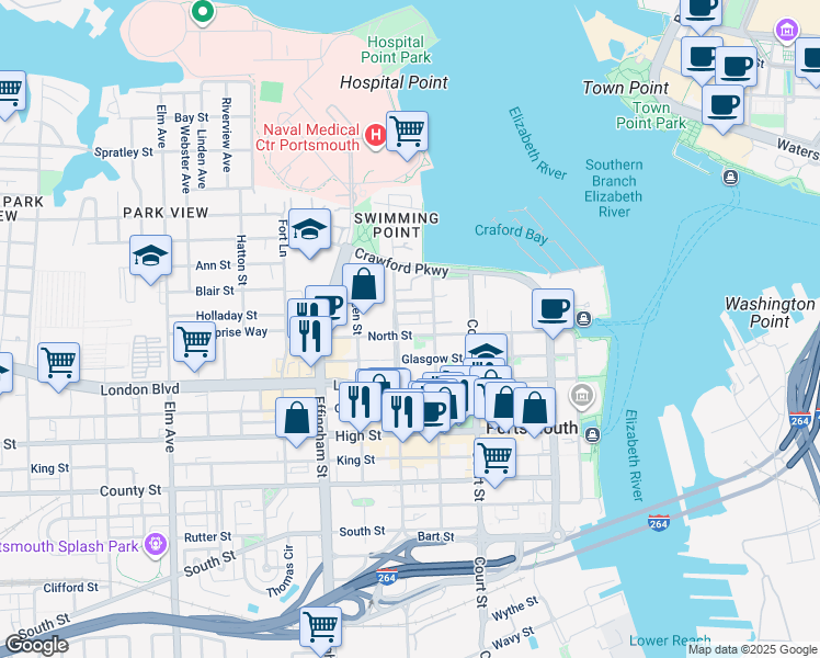 map of restaurants, bars, coffee shops, grocery stores, and more near 522 North Street in Portsmouth