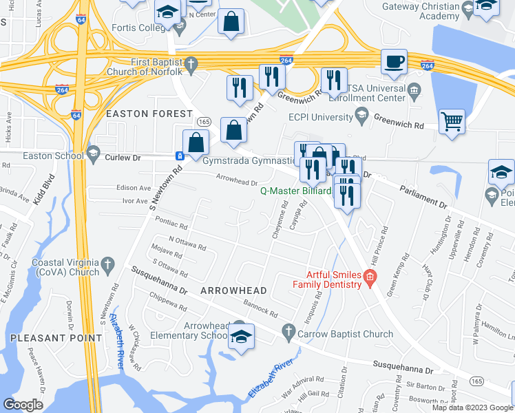 map of restaurants, bars, coffee shops, grocery stores, and more near 5620 Morningside Court in Virginia Beach
