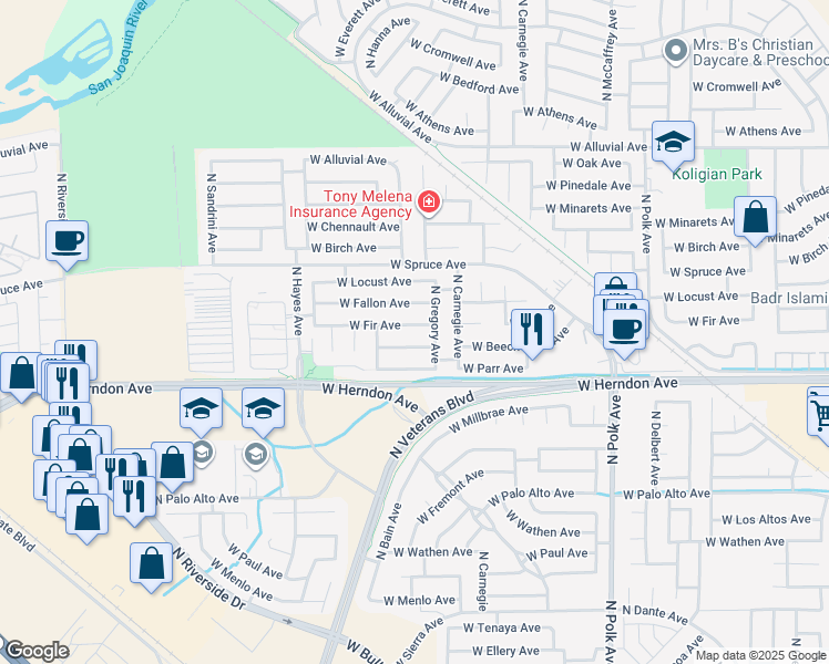 map of restaurants, bars, coffee shops, grocery stores, and more near 7099 North Gregory Avenue in Fresno