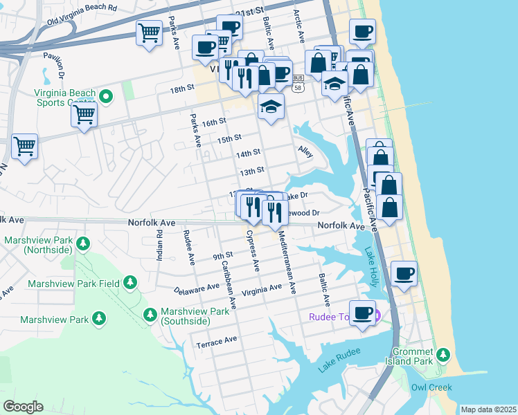 map of restaurants, bars, coffee shops, grocery stores, and more near 612 Pinewood Drive in Virginia Beach