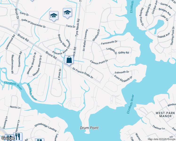 map of restaurants, bars, coffee shops, grocery stores, and more near 3841 Whitechapel Arch in Chesapeake