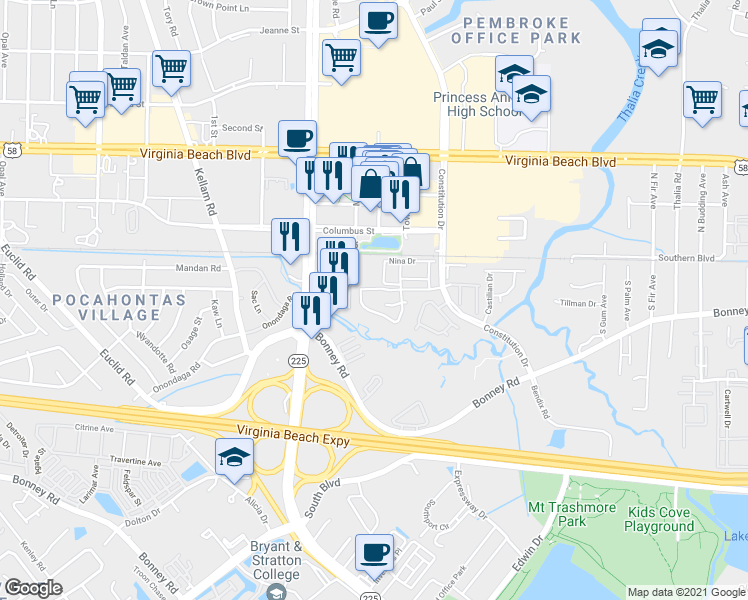 map of restaurants, bars, coffee shops, grocery stores, and more near 337 Ferdinand Circle in Virginia Beach