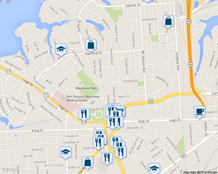 map of restaurants, bars, coffee shops, grocery stores, and more near 933 Potomac Avenue in Portsmouth