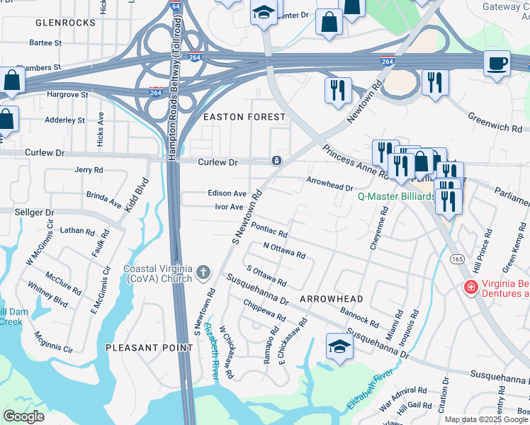map of restaurants, bars, coffee shops, grocery stores, and more near 5816 Newtown Arch in Virginia Beach