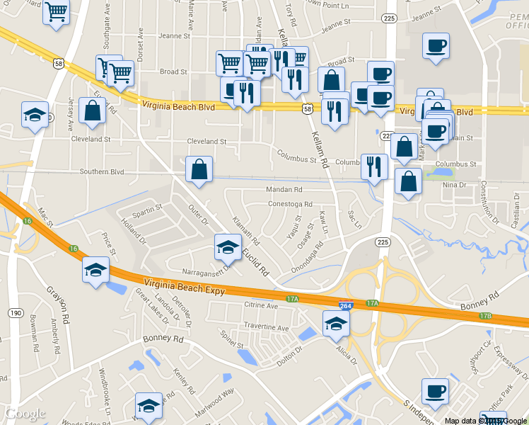 map of restaurants, bars, coffee shops, grocery stores, and more near 117 Narragansett Drive in Virginia Beach