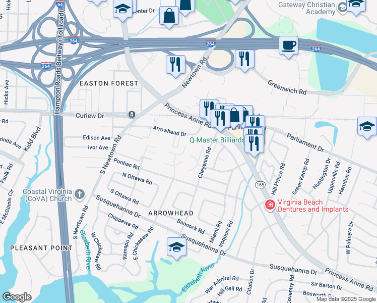 map of restaurants, bars, coffee shops, grocery stores, and more near 5620 Morningside Court in Virginia Beach