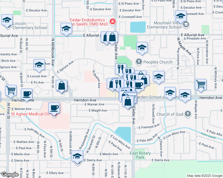 map of restaurants, bars, coffee shops, grocery stores, and more near 1648 East Herndon Avenue in Fresno