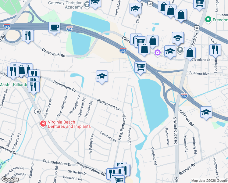 map of restaurants, bars, coffee shops, grocery stores, and more near 5349 Academy Road in Virginia Beach