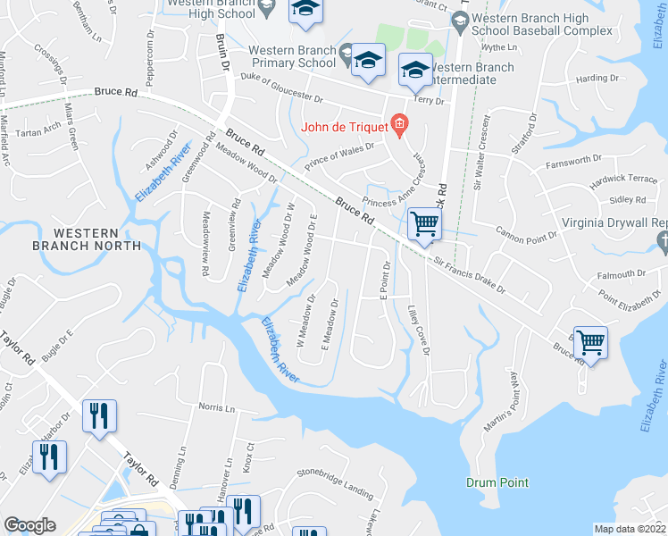 map of restaurants, bars, coffee shops, grocery stores, and more near 2833 Meadow Drive in Chesapeake