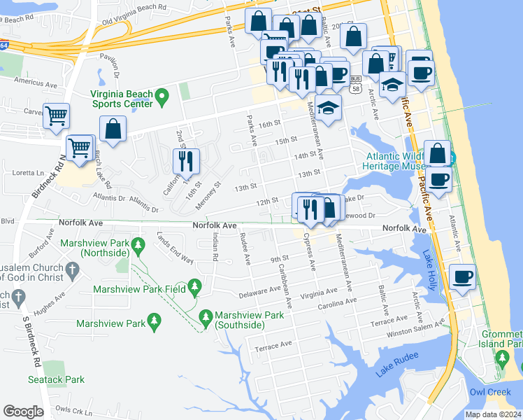 map of restaurants, bars, coffee shops, grocery stores, and more near 809 Sandy Court in Virginia Beach