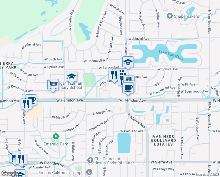 map of restaurants, bars, coffee shops, grocery stores, and more near 7062 North Refinement Drive in Fresno