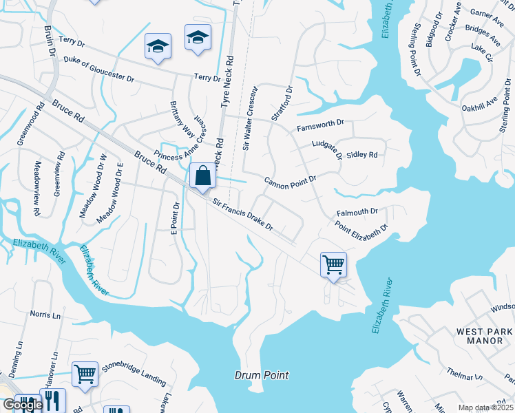 map of restaurants, bars, coffee shops, grocery stores, and more near 3841 Whitechapel Arch in Chesapeake