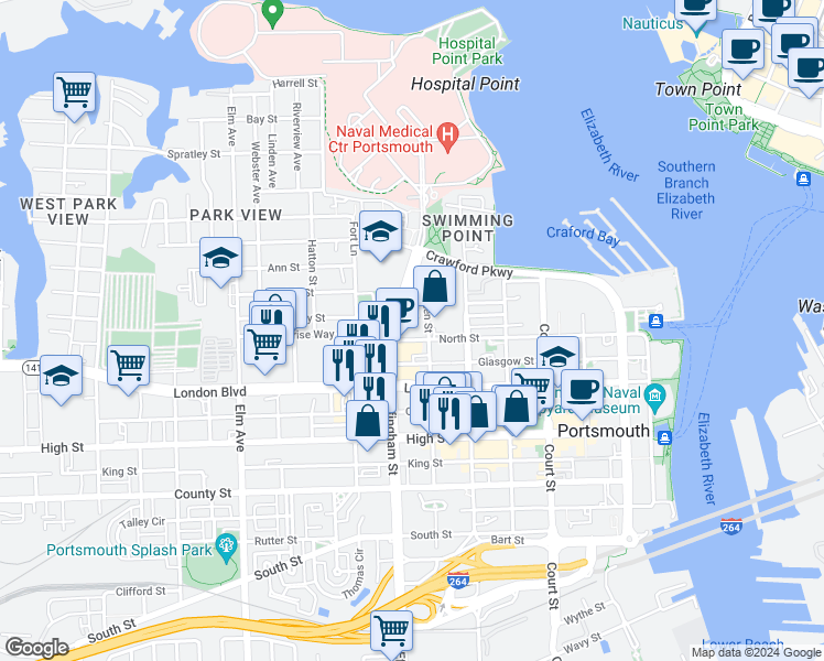 map of restaurants, bars, coffee shops, grocery stores, and more near 347 Effingham Street in Portsmouth
