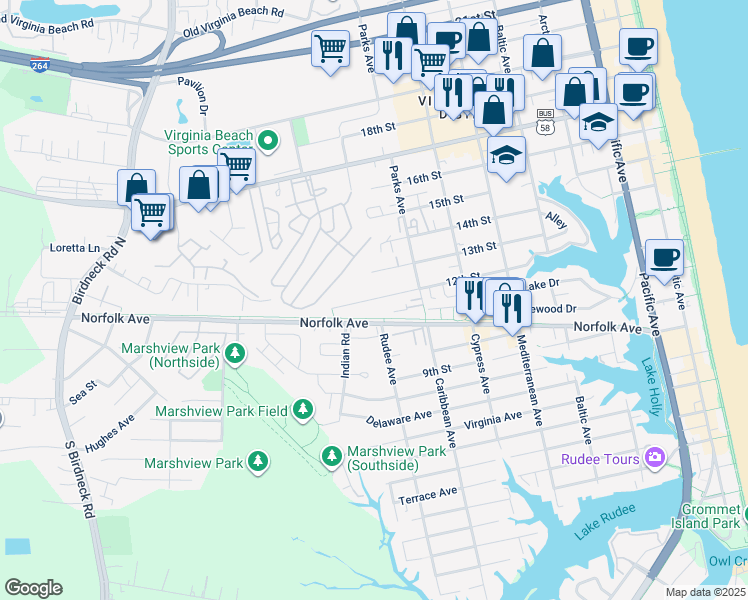 map of restaurants, bars, coffee shops, grocery stores, and more near 848 12th Street in Virginia Beach