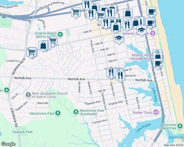 map of restaurants, bars, coffee shops, grocery stores, and more near 1102 Parks Avenue in Virginia Beach