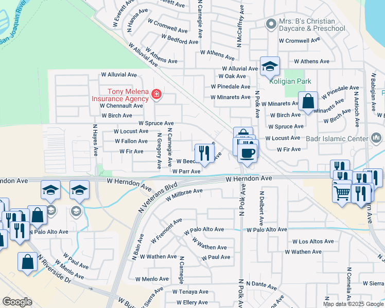 map of restaurants, bars, coffee shops, grocery stores, and more near 5649 West Fir Avenue in Fresno