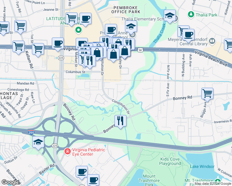 map of restaurants, bars, coffee shops, grocery stores, and more near 131 Castilian Drive in Virginia Beach
