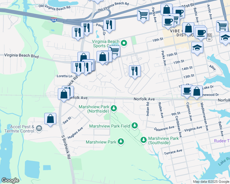 map of restaurants, bars, coffee shops, grocery stores, and more near 987 Atlantis Drive in Virginia Beach