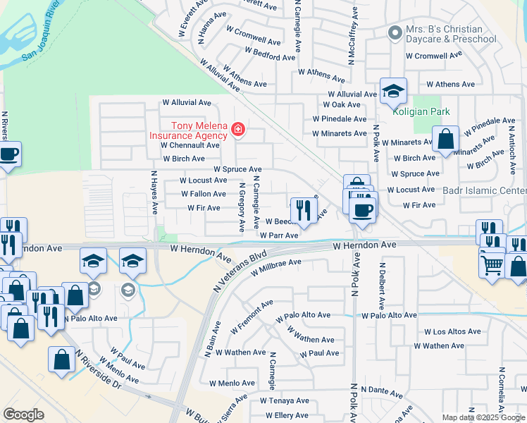 map of restaurants, bars, coffee shops, grocery stores, and more near 5733 West Fir Avenue in Fresno