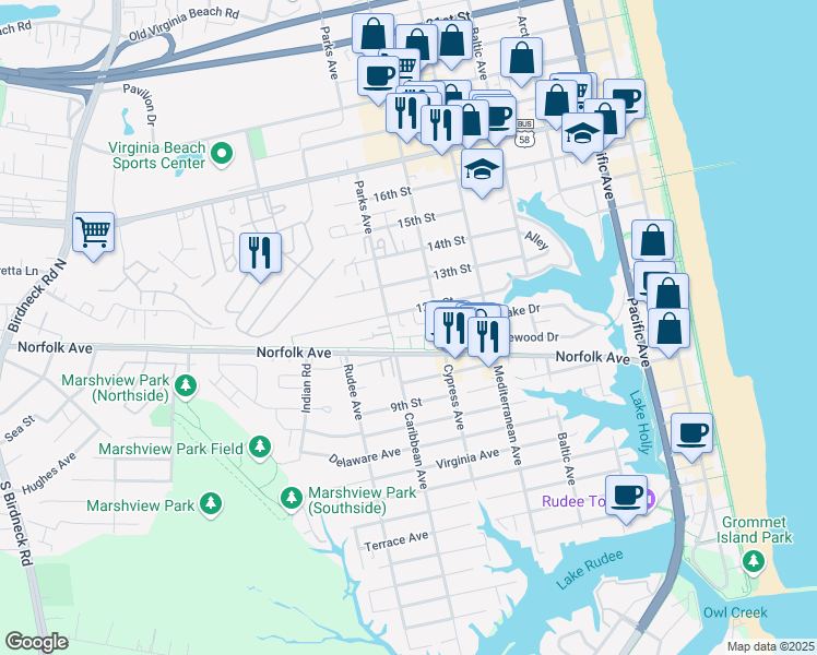 map of restaurants, bars, coffee shops, grocery stores, and more near 710 12th Street in Virginia Beach