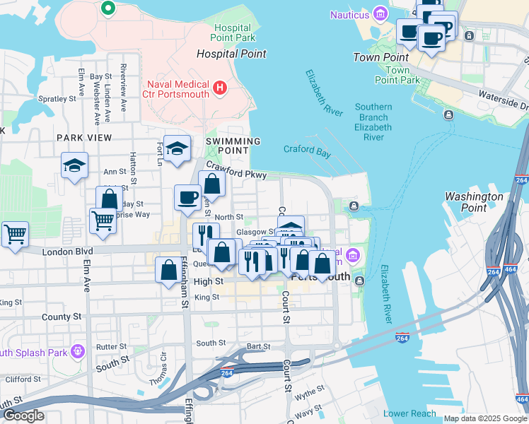 map of restaurants, bars, coffee shops, grocery stores, and more near 424 North Street in Portsmouth