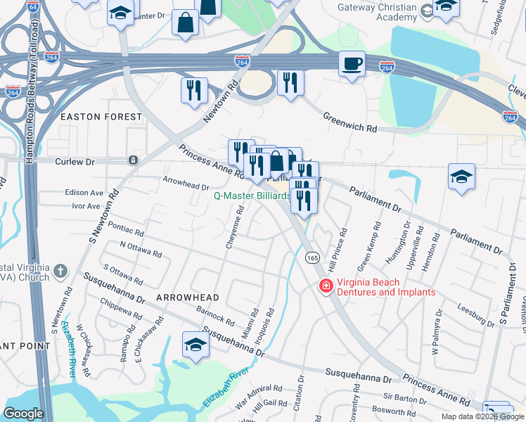 map of restaurants, bars, coffee shops, grocery stores, and more near 5617 Hatteras Road in Virginia Beach