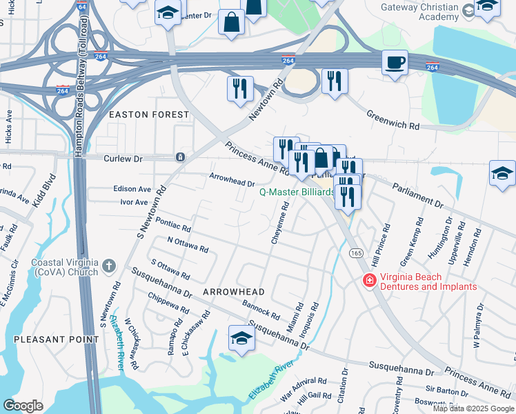 map of restaurants, bars, coffee shops, grocery stores, and more near 103 South Comanche Cluster in Virginia Beach
