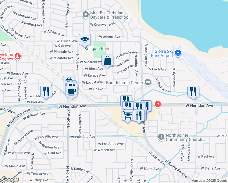 map of restaurants, bars, coffee shops, grocery stores, and more near 7057 N Gilroy Ave in Fresno